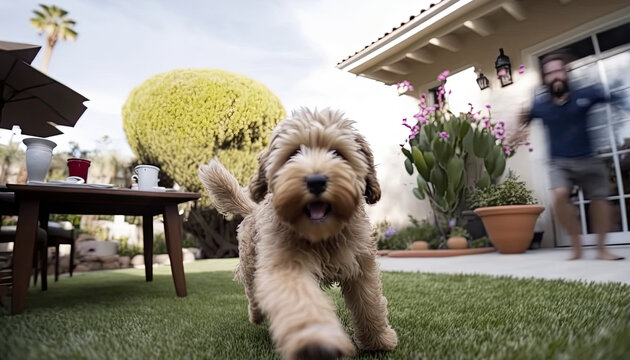 Funny cute playful dog running towards camera on sunny yard outdoor background. Slow motion freeze moment. AI generative image.