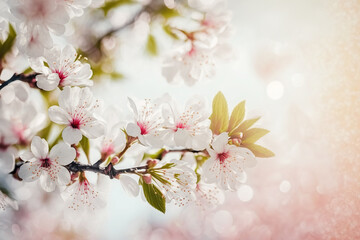 Springtime background with beautiful blossom tree branch. Horizontal spring floral banner with copy space. Greeting card template. AI generative image.