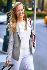 Go-getter jet-setter. A portrait of a gorgeous woman with her luggage in New York.