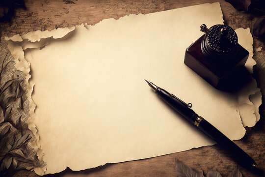 Vintage background with parchment, inkwell and fountain pen. Calligraphy tools. Copy space. AI generative image.