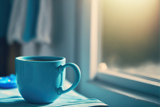 Blue cup with hot drink on window sill, early cozy morning indoor background with copy space. Breakfast illustration. AI generative image.