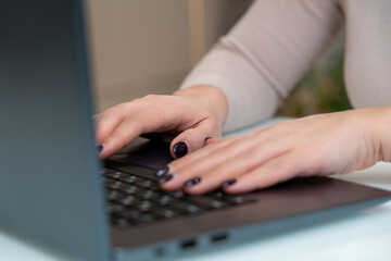 Closeup of woman hands typing on laptop keyboard at home office in living room