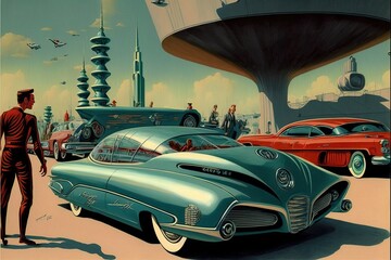 Plakat retro-futuristic illustration in 50's style. generative ai