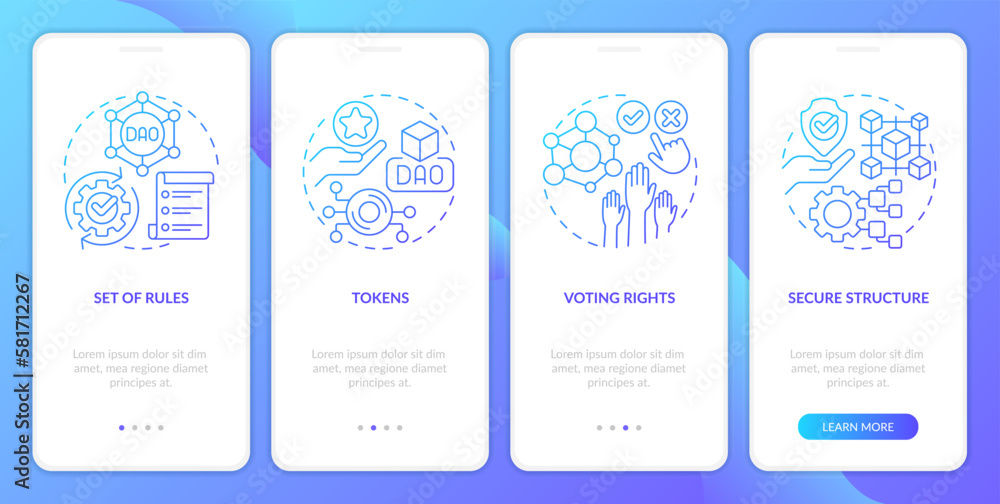 Poster dao elements blue gradient onboarding mobile app screen. digital network walkthrough 4 steps graphic