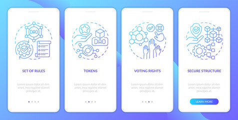 DAO elements blue gradient onboarding mobile app screen. Digital network walkthrough 4 steps graphic instructions with linear concepts. UI, UX, GUI template. Myriad Pro-Bold, Regular fonts used