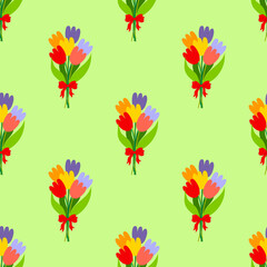 Cute bunches of tulips pattern on green background - funny vector floral drawing seamless pattern. Sketch poster or t-shirt textile graphic design. Cute illustration. wallpaper, wrapping paper. 