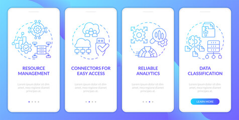 Data lake architecture blue gradient mobile app screen. Digital storage. Walkthrough 4 steps graphic instructions with linear concepts. UI, UX, GUI template. Myriad Pro-Bold, Regular fonts used