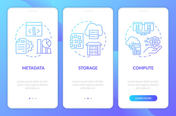 Data lake and warehouse blue gradient mobile app screen. Differences walkthrough 3 steps graphic instructions with linear concepts. UI, UX, GUI template. Myriad Pro-Bold, Regular fonts used