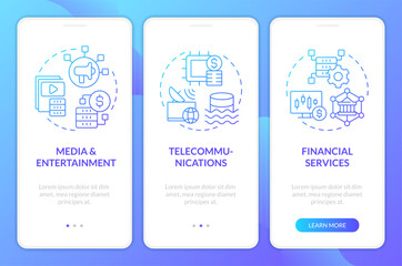 Data lake use cases blue gradient mobile app screen. Industries walkthrough 3 steps graphic instructions with linear concepts. UI, UX, GUI template. Myriad Pro-Bold, Regular fonts used