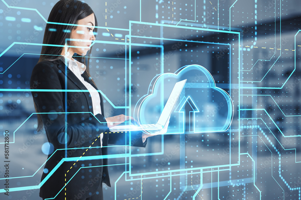 Poster young european businesswoman using laptop with glowing circuit cloud computing hologram on blurry of