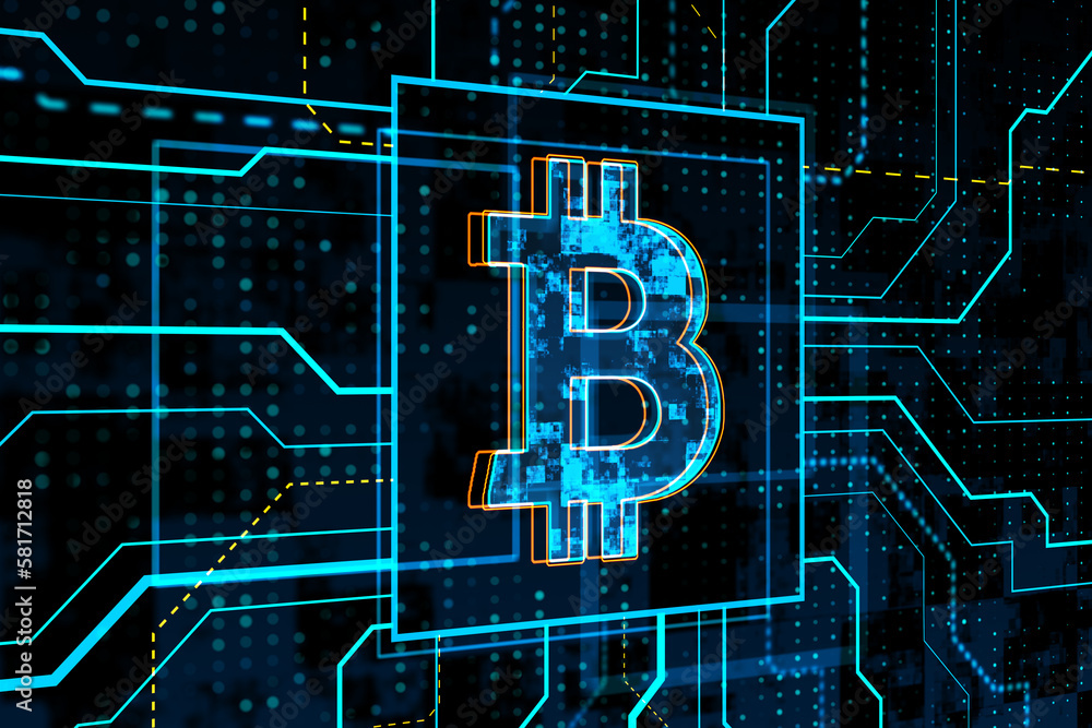 Poster glowing circuit bitcoin hologram on blurry background. cryptocurrency and finance concept. 3d render