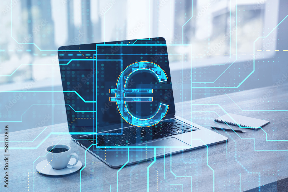 Aufkleber close up of laptop on desktop with coffee cup, notepad and glowing circuit money hologram on blurry 