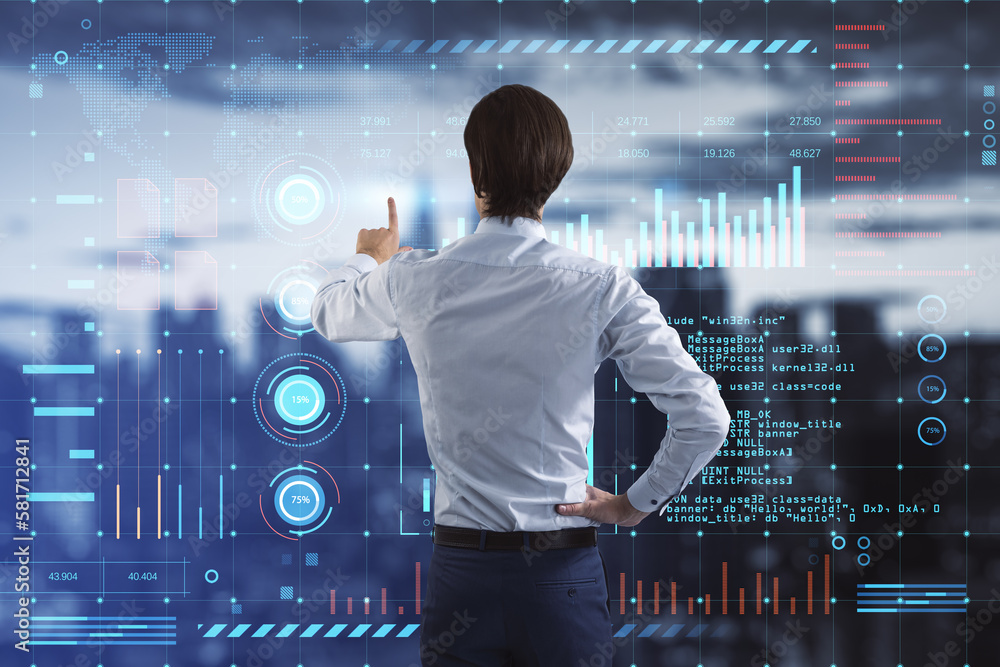 Poster Back view of young businessman using glowing digital interface with business charts and coding on blurry city background. Future and cyberspace concept. Double exposure.
