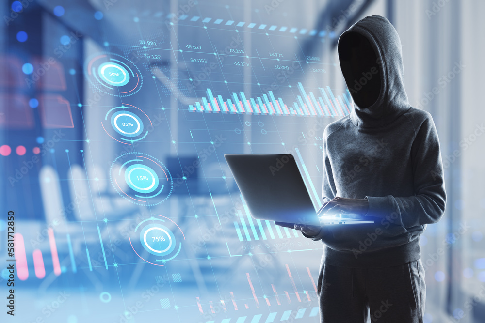 Leinwandbilder Hacker using laptop with glowing digital interface with business charts and coding on blurry office interior background. Future and cyberspace concept. Double exposure.