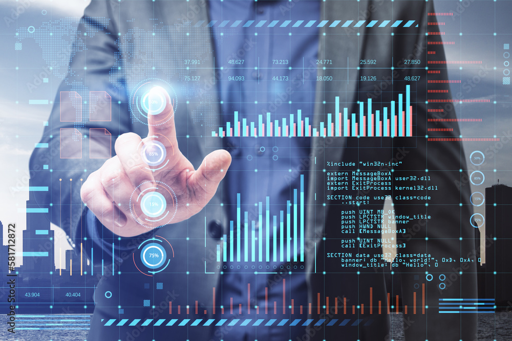 Poster Close up of man hand pointing at glowing digital interface with business charts and coding on blurry city background. Future and cyberspace concept. Double exposure.