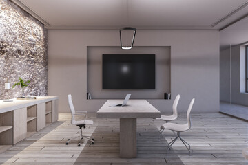 Bright office interior with furniture and equipment. 3D Rendering.