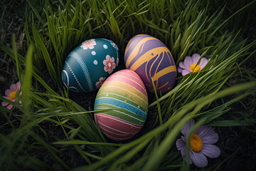 Easter eggs on a meadow. Generative AI.