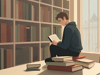 Man Reading in Library Amidst Publications.