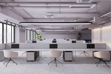 Modern concrete coworking office interior with window and city view, furniture, equipment and other items. Workplace and commercial space concept. 3D Rendering.