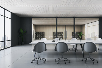 Back view on white meeting table surrounded by grey wheel chairs on concrete floor in stylish conference room with glass wall background and city view from big windows. 3D rendering