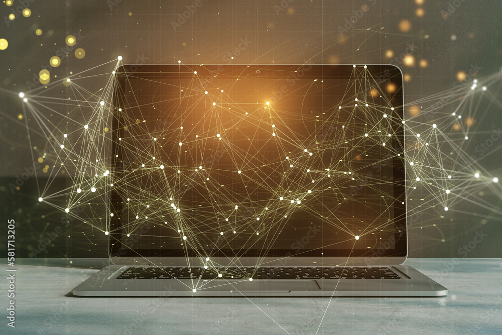 Poster Close up of laptop with glowing polygonal mesh interface on blurry desktop background. Technology and network concept. Double exposure.