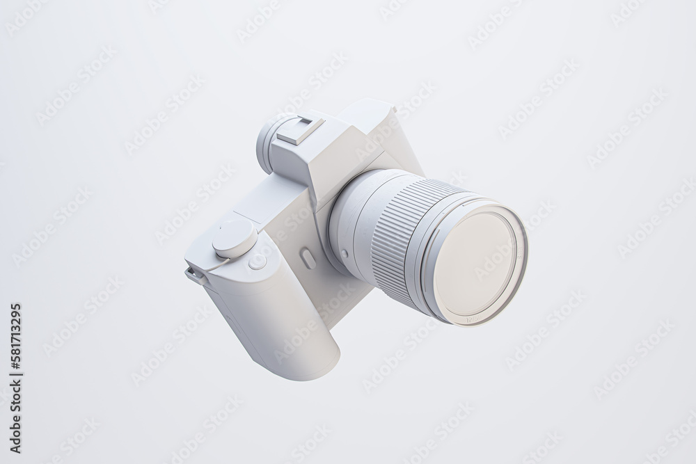 Poster creative minimal white photo camera on light background. technology, hobby and picture concept. 3d r