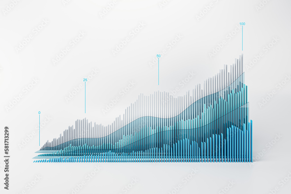 Poster Stock market growth, economy and investment concept with front view on level indicators above digital graphic grey and blue financial chart graphs on abstract light background. 3D rendering