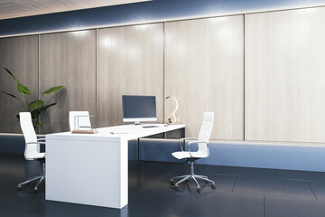 Clean wooden office interior with furniture, equipment and decorative plant. 3D Rendering.