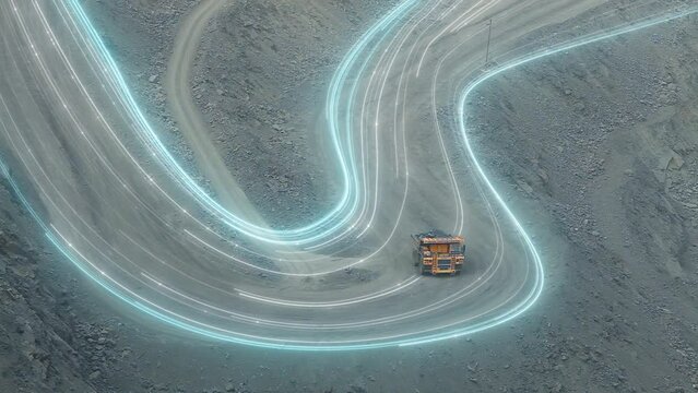 A mining dump truck drives on a road in a deep iron ore quarry. Iron ore mining. Visualization of a modern quarry.