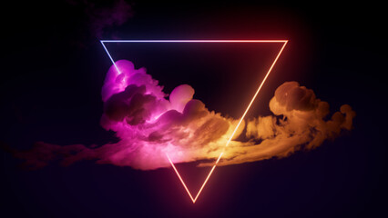 Futuristic Background Design. Cloud Formation with Pink and Yellow, Triangle shaped Neon Frame.