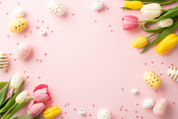 Easter decorations concept. Top view photo of bunches of fresh tulips colorful easter eggs and sprinkles on isolated pastel pink background with copyspace in the middle
