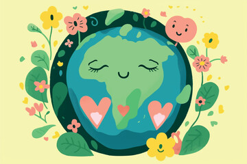 Happy Earth day concept. Smiling Earth with flowers and hearts flying around