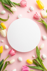 Naklejka na ściany i meble Easter concept. Top view vertical photo of white circle quail eggs and spring flowers on isolated pastel pink background with blank space