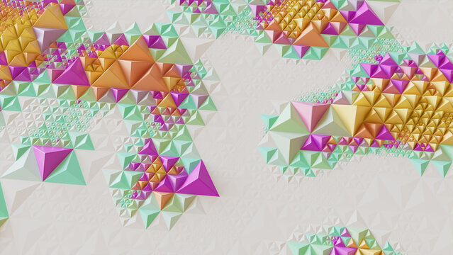 Bright Modern Surface with Tetrahedrons. Multicolored Geometric 3d Wallpaper.