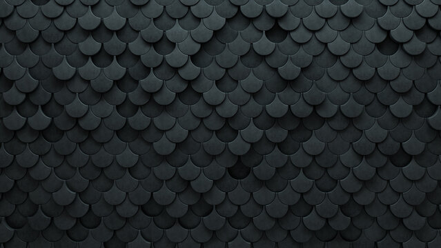 Concrete Tiles arranged to create a Fish Scale wall. 3D, Futuristic Background formed from Polished blocks. 3D Render