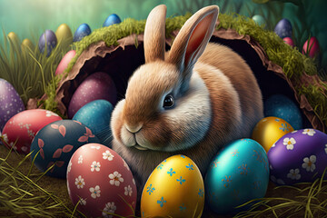 Easter Bunny with easter eggs. Generative AI.