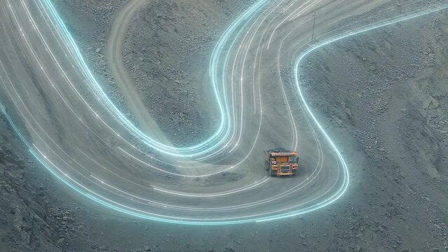 Visualization of a modern quarry. A mining dump truck drives on a road in a deep iron ore quarry. Iron ore mining.