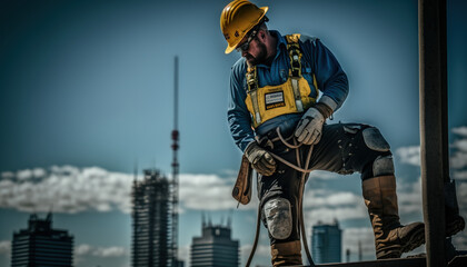 Fototapeta na wymiar Man working as a builder on heights. Construction of buildings. generate by ai