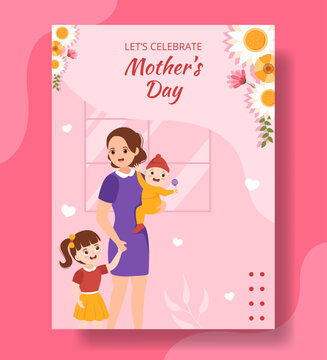 Happy Mother Day Vertical Poster Flat Cartoon Hand Drawn Templates Background Illustration