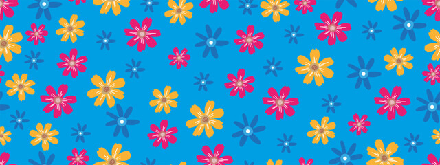 Seamless pattern Spring flower,Vintage Design in 1970s with Seamless flower Orange,Yellow,Pink floral s on Blue background,60s,70s Retro Pattern style for Hippie,Groovy, funky Wall Interior Decoration