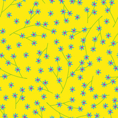 Seamless pattern Spring flower,Vintage Design in 1970s with Seamless tiny flower Blue,Pink color on Yellow background,60s,70s Retro Pattern style for Hippie,Groovy, funky Wall Interior Decoration