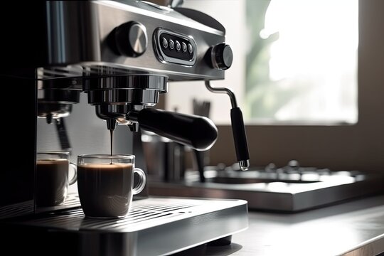 Close up of a modern espresso machine with a cup in a kitchen. Generative AI