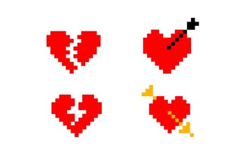 pixel set hearts icon in retro style.vintage love symbol, 8 bit