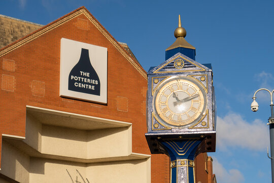 Hanley-Stoke-on-Trent, Staffordshire-United Kingdom April 21, 2022 potteries shopping centre, blue clock and security camera, up hanley duck