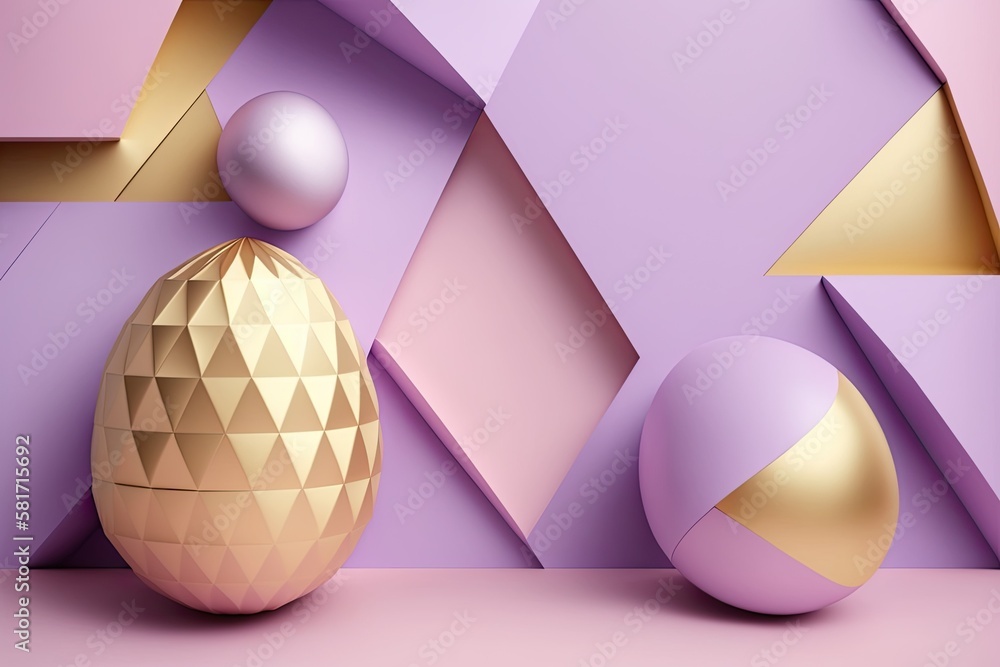 Canvas Prints pastel pink and purple abstract geometric paper background with golden easter egg. Design space in the copy. Generative AI