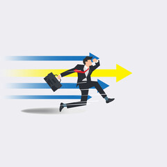 Businessman running with arrows forward direction . Pursuit of career and business success illustration