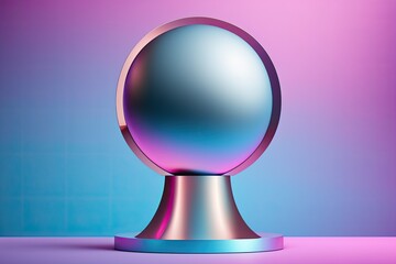 Illustration of a spherical metal podium with a pink, purple, and blue background gradient. Generative AI