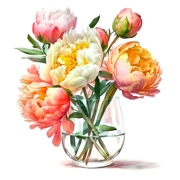 Flowers watercolor painting, glass jar with garden flowers and leaves, greeting card, invitation, poster, wedding decoration and other images. Illustration isolated on white. Generative AI