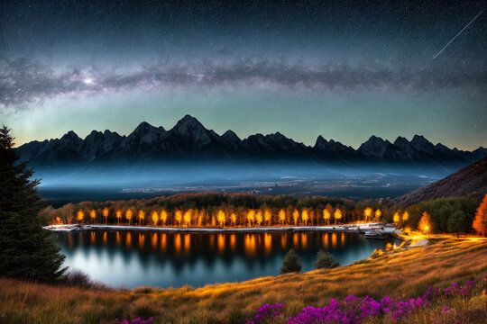 Beautiful naight stars landscape in nature, trees, mountains, fields, lakes, milky way. Generative AI