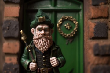 Fototapeta na wymiar A realistic leprechaun, standing in front of a wooden door. St. Patrick's Day. Generative AI
